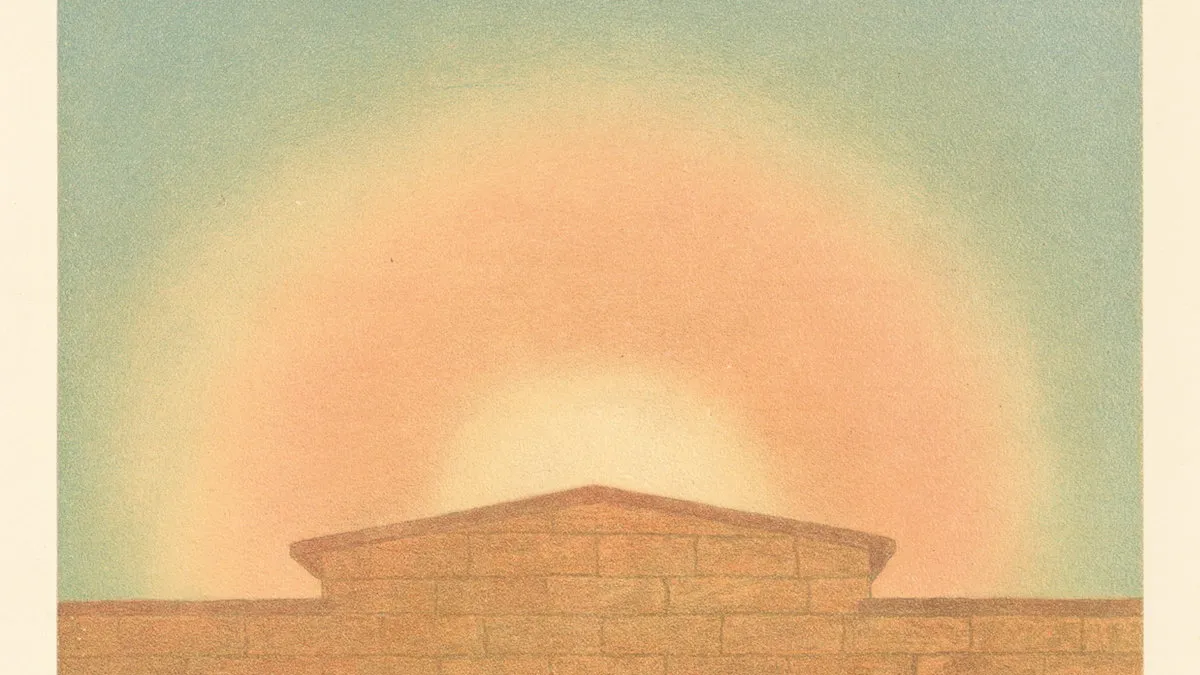 Cromolitografía de Pechuël-Loesche según un original de Busch (1884): el anillo de Bishop, un halo al mediodía sobre un muro de piedra, tras la erupción del Krakatoa